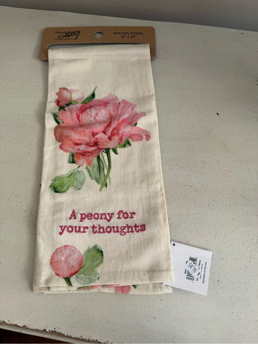 Primitives by Kathy Cream Towel with Pink Peony Design and Embroidered Script